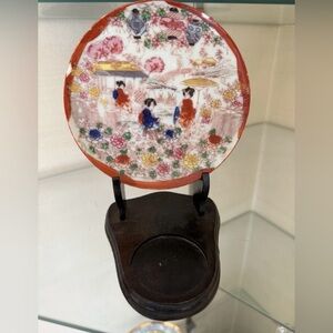 Vintage Japanese Geisha Hand Painted Porcelain Plate w Wood Stand